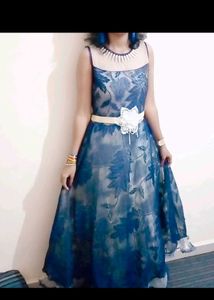Blue Floral Illusion Neckline Dress