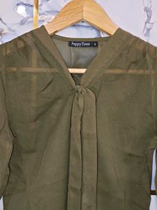 brand new Chic Olive Green Tie-Neck Blouse