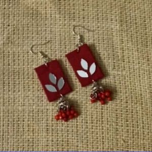Red Dangle Earrings with Mirror Work