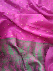 Vibrant Pink Saree with Green Paisley Design