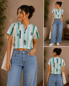 Mint Green Striped Crop Shirt