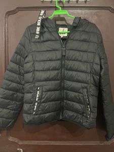 Black Puffer Jacket with Slogan Detail