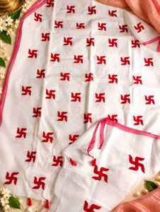 White Red Swastik Print Saree