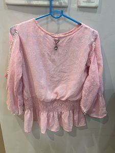 Chic Pink Peplum Blouse with Pearl like  Details