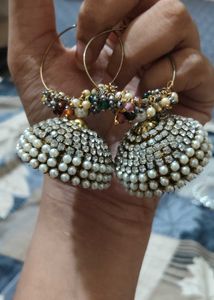 Boho Pearl &amp; Rhinestone Jhumka Hoop Earrings