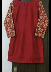 Red Embroidered Kurta With Black Skirt