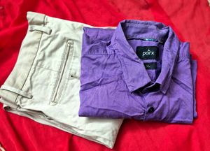 Men's Purple Slim Fit Shirt & Beige Trousers