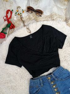 Ribbed Black Wrap Crop Top