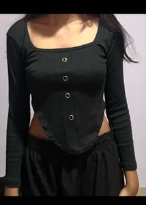 Black Button Detail Long Sleeve Top