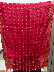 Vibrant Red Dupatta with Golden Motifs