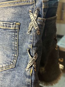 Distressed Denim Shorts with Lace-Up Detail