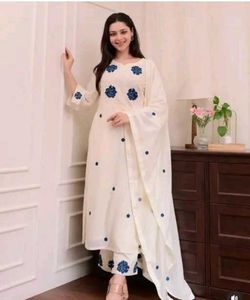 Elegant White Kurta Set with Blue Embroidery