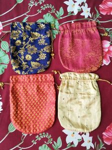 Set of 4 Embroidered Drawstring Pouches