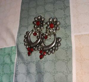 Oxidized Silver and Red Earrings