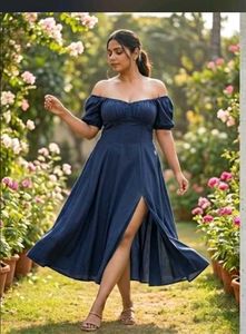 Navy Blue Puff Sleeve Midi Dress corset look