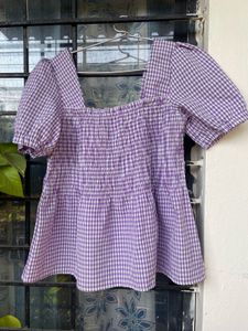 Chic Purple Gingham Puff Sleeve Top