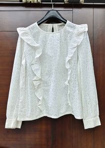 White eyelet ruffle long sleeve top