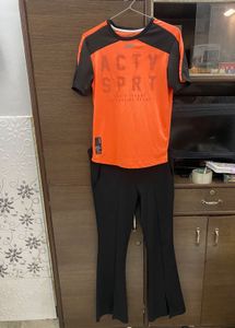Orange Active Sport T-Shirt And Bell Bottom Leggin