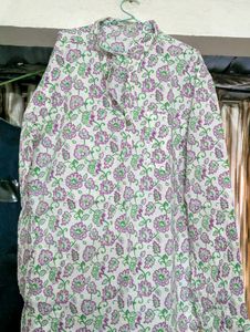Mens White Kurta Flower Print