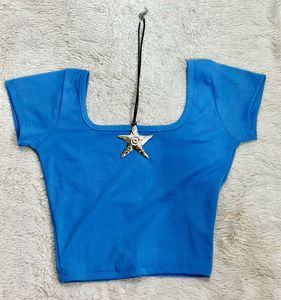 Blue Square Neck Crop Top