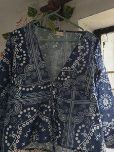 Blue Paisley Print V-Neck Top