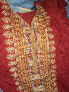 red emdiored kurti