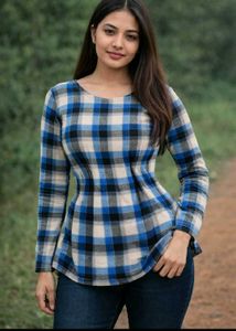 Stylish Blue Plaid Tunic Top