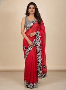 Vibrant Red Saree with Elegant Border