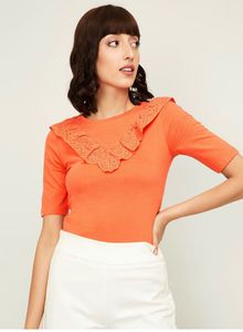 Orange Ruffle Neck Top