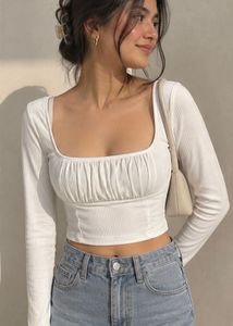 Chic White Ruched Long Sleeve Crop Top