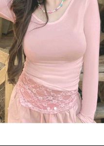 Pastel Pink Lace Trim Long Sleeve Top from Savana