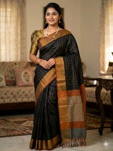 NewHandwoven SilkPlaidFabricSaree-Black&Mustard-E