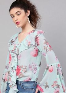 Chic Floral Bell Sleeve Tie-Front Blouse