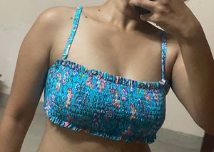 Blue Floral Smocked Bikini Top