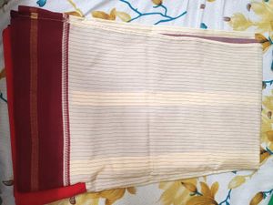 Cream &amp; Maroon Striped Saree