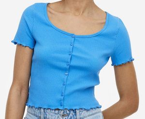 H&M Blue Ribbed Button-Up Crop Top
