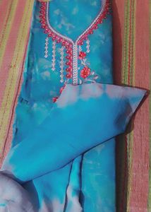cyan +red Tie-Dye Kurta with Embroidery