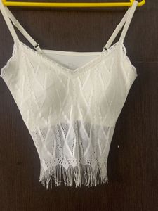 Alluring White Lace Fringed Cami Top