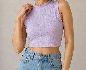 Lavender Ribbed Sleeveless High Neck Top | Size L