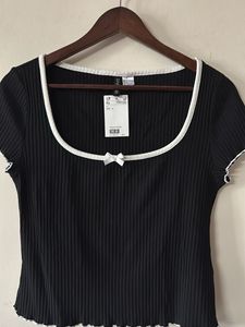 Cute Black Ribbed Top with Bow