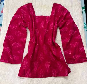 Vibrant Pink Kurti with Leaf Print