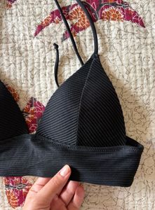 Black Ribbed Triangle Bikini Top