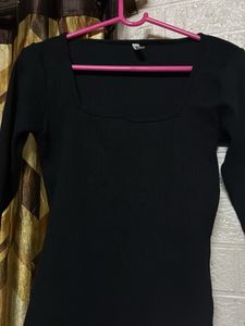 Chic Black Square Neck Long Sleeve Top
