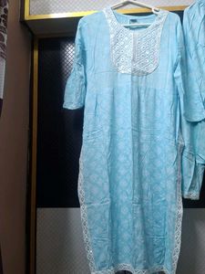 Sky Blue Kurta Set with White Embroidery