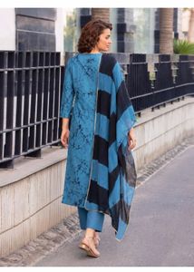 Blue &amp; Black Tie-Dye Kurta set with Embroidery
