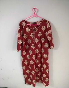 Maroon Printed Kurta with Embellished Neckl