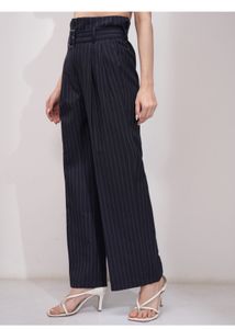 Navy Blue Pinstripe Pleated Trousers