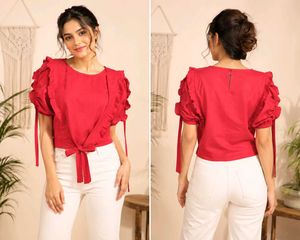 🔥 MEGA SALE OFFER 🔥Red Ruffled Tie-Front Top
