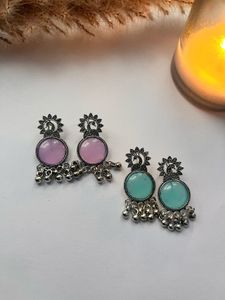 Peacock Design Earrings - Pink &amp; Teal