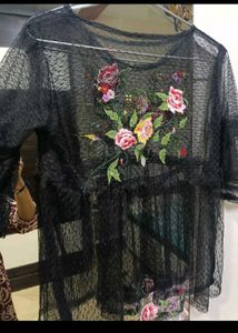 Embroidery Black sheer net top